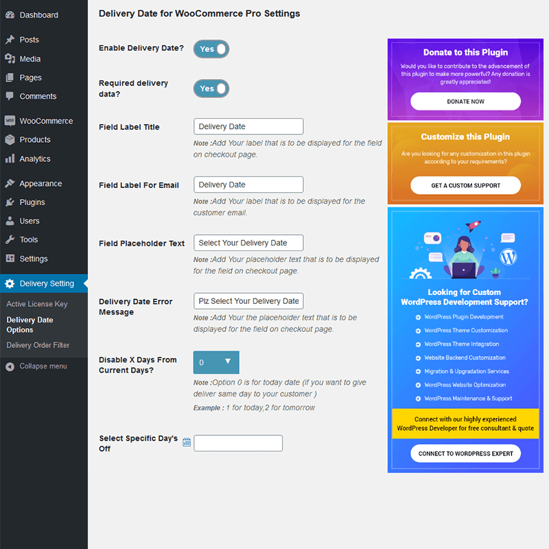 Delivery Dates for WooCommerce Plugin Pro Settings